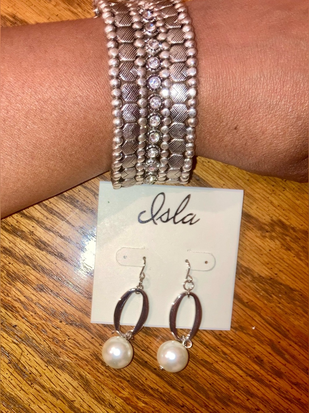 Pearl Drop Earrings with  Silver -+ Silver beaded Stretch Bracelet